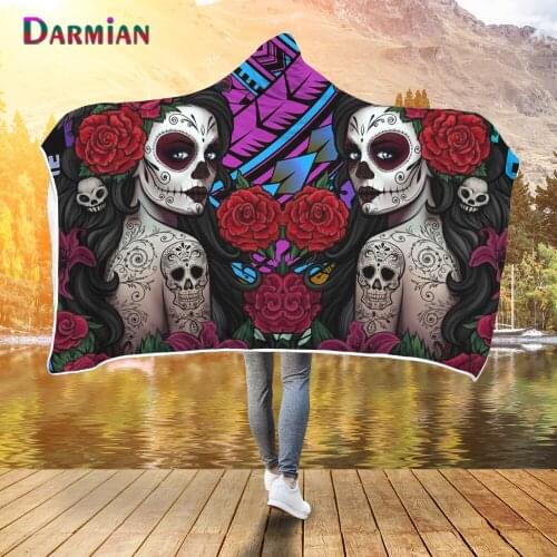 DARMIAN Rose Flower Skull Girls Design Hooded Blanket Women Summer Air Conditioning Flannel Blankets Sofa Couch Office Nap Quilt