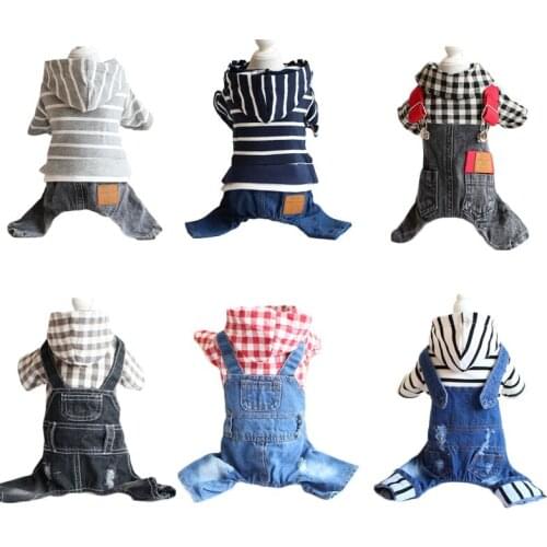 Pet Clothes Denim Dog Costume Puppy Jumpsuit Hooded White Black Strip Coat With Ripped Jeans Pants Overalls For Small Medium Dog