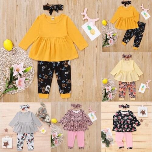Autumn Baby Girl Casual Costume Long Sleeve Solid Color Blouse Dress+Floral Pattern Pants+Headband Set
