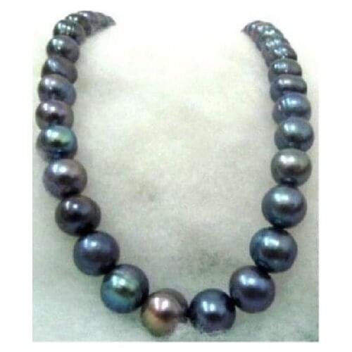 Free shipping >>>>>HUGE 12-13mm black TAHITIAN pearl necklace 17inch SOLID GOLD MARKED