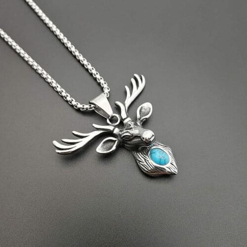 Punk Turquoises Setting Stainless Steel Elk Moose Wapiti Pendants Necklaces for Men Rock Jewelry