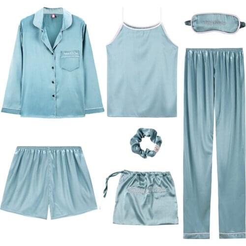 7 Pieces Pajamas Set Women Autumn Winter Mulberry Sleepwear Casual Sexy Women Silk Pajama Sets Pink Nightwear Sling