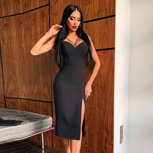 Female Dress Solid Color V-Neck Sleeveless One Pcs Package Hip Sundress Split Skirt for Summer Black/Red