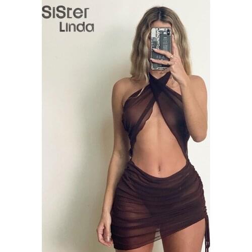 Sisterlinda Women Sexy Mesh Hollow Bandage Halter Dress Fashion Slim Sleeveless See Through Lady Trend Party Night Y2K Dress2021
