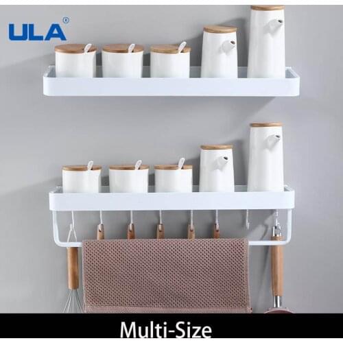 ULA White Bathroom Shelf 30/40/50/60 cm Kitchen Wall Hook Shower Holder Storage Rack Towel Bar Robe Hooks Bathroom Accessories