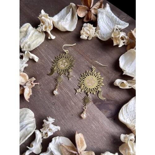 Sun face earrings, Celestial earrings, Spacw earrings,Sun and moon earrings, Crescent moon earrings, Boho earrings