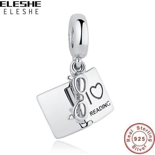 ELESHE Wholesale I LOVE READING & Glasses Square Charm 925 Sterling Silver Trendy Bead fit Original Bracelets DIY Jewelry