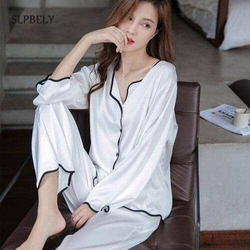 SLPBELY Ice Silk Women Pajamas Set Homesuit Summer Solid Sexy Turn Down Collar Long Sleeve Soft Female Pyjama Sleepwear Homwear