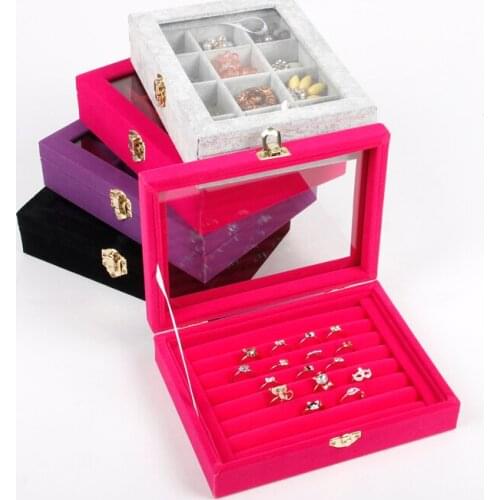 TONVIC Gray/Black/Pink/Purple Velvet Jewelry Case Storage Box With Glass Lid For Bracelet Earring Ring Pendant New Arrival