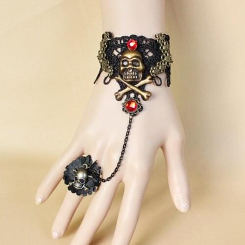 Vintage Bronzed Skull Charms and Red Stones Gothic Lace Bracelet Women`s Fashion Accessory