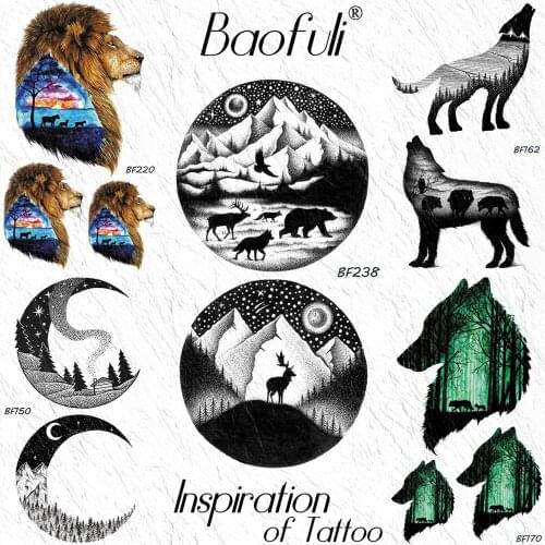 BAOFULI Galaxy Planet Round Temporary Tattoo Bear Elk Wolf Sticker Trees Eagle Black Tatoo Mountain Fake DIY Tattoo Men Body Art