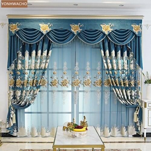Custom curtains European chenille living room hollow embroidered screen blue cloth blackout curtain valance tulle drape C892