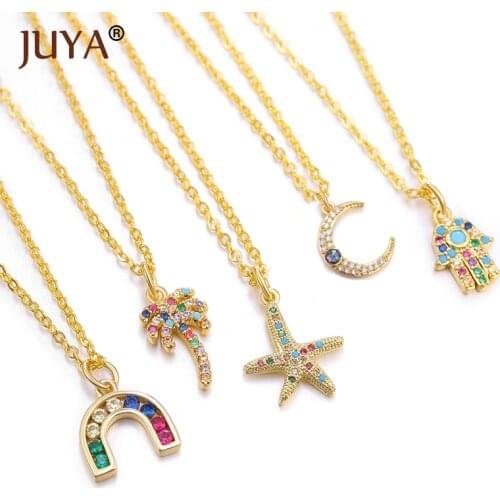 Juya Fashion Cubic Zircon Necklaces Rhinestone Pendants Rainbow Moon Starfish Jewelry for Women Accessories Gift Necklace