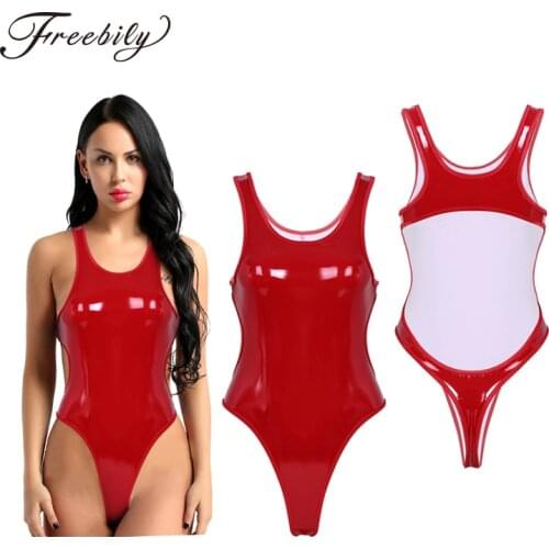 Adult Shiny Metallic PU Leather Backless High Cut Leotard Nightclub Festival Rave Pole Dance Costume Women Sexy Bodysuit