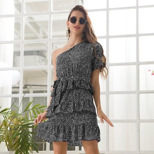 AECU Women Boho Summer Holiday Dress V Neck One-shoulder Printed Mini Dress Bohemian Dress Casual Sundress Beach Dress Vestidos