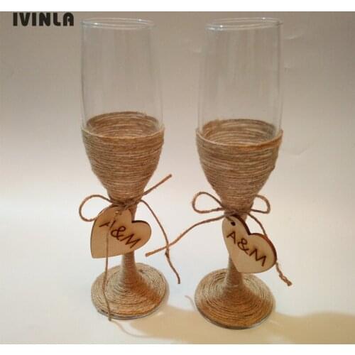 1 pair/lot Personalized engraved Jute Wedding Champagne Toasting glasses wine cup with wooden heart