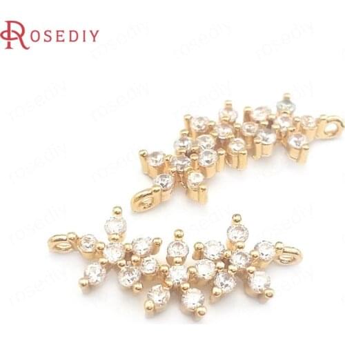 40636)10PCS 24K Champagne Gold Color Brass and Zircon 2 Holes Flower Connect Charms Pendants Jewelry Making Supplies Findings