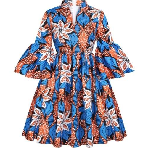 2021 Womens African Ankara Print Maxi Dress Traditional Casual Outfits Attire Fashion Lotus Sleeve V Neck African Dresses Women