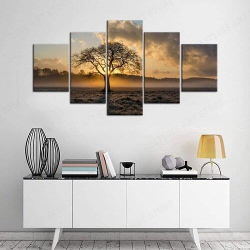 5 Panels Poster Sunrise Tree Landscape Photo Canvas Painting Nature Picture Wall Art Printed Pictures for Living Room Decor