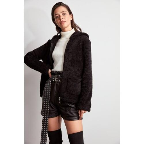 Black Hooded Soft Plush Coat TWOAW20MO0063