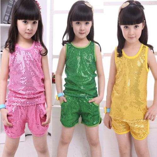 Childrens sequins clothing for girls boy cosplay fashion sleeveless t-shirt shorts sport suits kids blue green Hip-hop sets