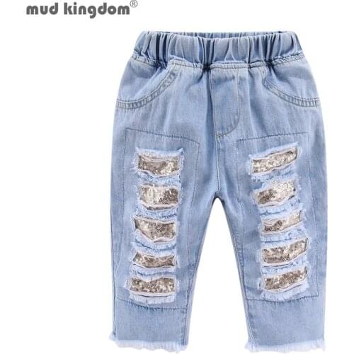 Mudkingdom Sparkly Sequin Girls Crop Jeans Fashion Straight Leg Little Girl Cropped Denim Pants Toddler Trousers Summer Clothes