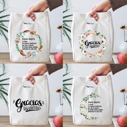 Spanish Print Thermal Lunch Bags Portable Insulated Cooler Bento Tote School Drink Fruit Food Fresh Storage Pouch Teacher Gift