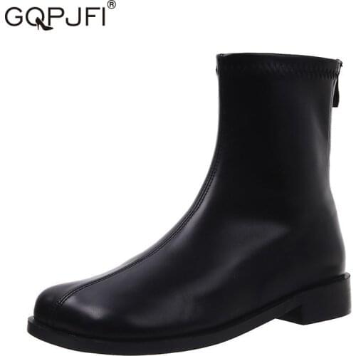 PU Leather Flat Martin Boots Black Square Head Short Boots Chelsea Boots Autumn And Winter Womens Boots Plus Size Nude Boots