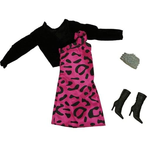 Classic Black Coat Top Pink Leopard Doll Dresses 1/6 BJD Clothes For Barbie Clothes Costume Outfits Purse Shoes Accessories Toys