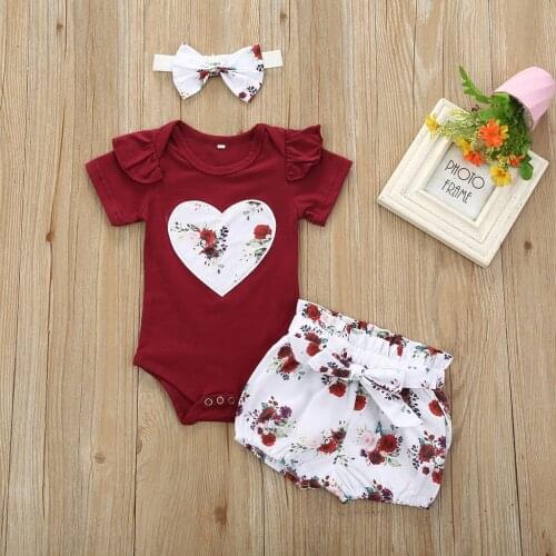 3pcs Baby Girls Infant Summer Clothes Set Heart Shape Newborn White Floral Bowknot Shorts Outfits Vestiti Neonata Clothing