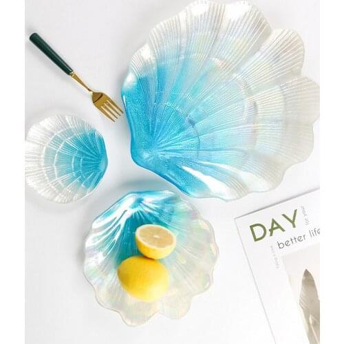 Creative Colorful Ocean Shell Glass Plate Household Ion Plated Gradient Blue Fruit Plate European Tray Snack Decoration