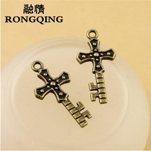 RONGQING 25*12MM 50pcs/lot cross key Pendants Necklaces Handmade Fashion Jewelry Charms DIY