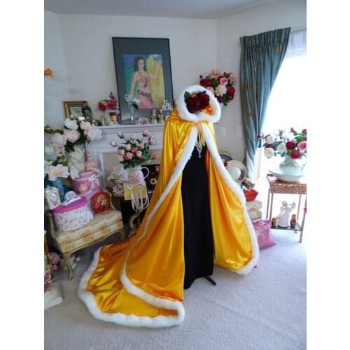 Winter Elf dress up Party wrap wedding coat Beauty and the Beast Bridal Cape Yellow Satin faux fur wedding cloak fur trimmed