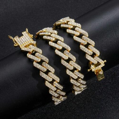 14mm Hip Hop AAA Zircon Paved Bling Iced Out CZ Bracelets Gold Silver Color Cuban Miami Link Chain Charm Jewelry
