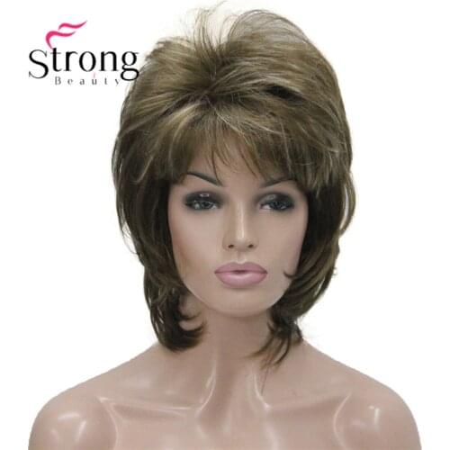 StrongBeauty Short Fluffy Layered Light Brown Highlighted Classic Cap Full Synthetic Wig Womens Hair Wigs COLOUR CHOICES