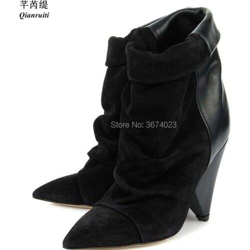 Qianruiti Western Fashion Women Ankle Boots Pointed Toe Spike Heels Vintage Bottes Heels Black Army Green Boots Women Winter