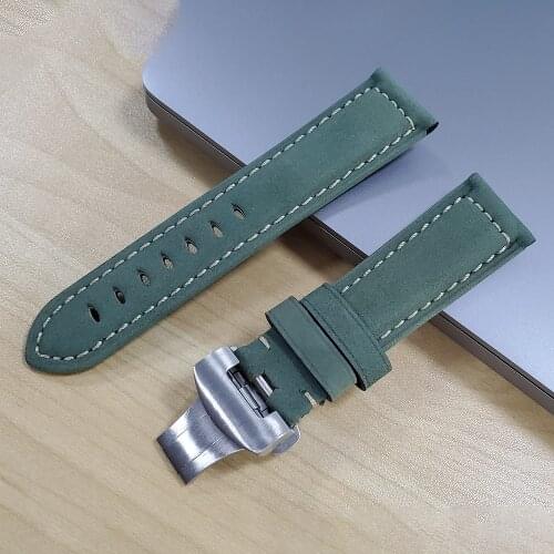 22mm Green Watch Band Real Leather Handmade Thick Replacement Wrist Strap Folding Turnbuckle For Panerai