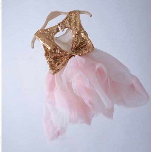 Retail 2016 girl boutique clothing gold sequin with irregular pink and white tulle dresses shinny princess birthday dress