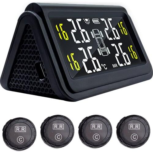 Car TPMS Solar Wireless Tire Pressure Monitor Monitoring System HD Digital LCD Display Auto Alarm System With 4 Internal Sensor