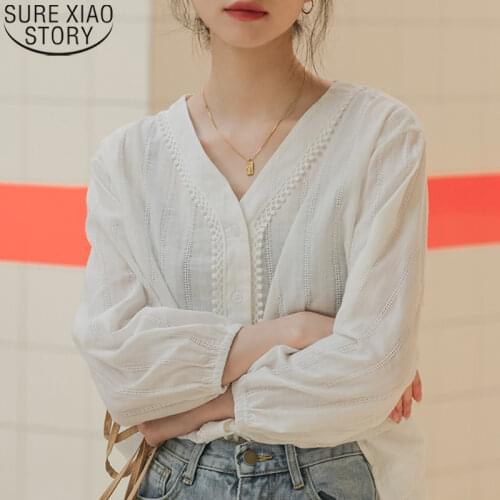 Vintage Long Sleeve Shirt and Blouse Women Cotton Shirt White Ladies Tops V-neck Hollow Out Loose Shirts Casual Blusas 10956