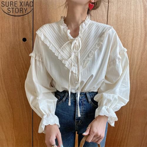 2021 New Arrival Hollow Out Vintage Elegant Tops Women Shirt Solid Long Sleeve Korean Style Loose Blouses Blusas 9580