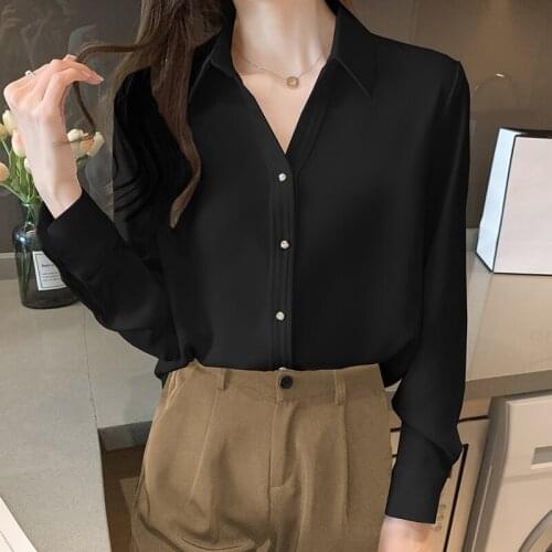 2021 Fall Fashion Chiffon Womens Shirts and Blouses Long Sleeve Shirt Women Solid Womens Tops Button Elegant OL Ladies Clothing