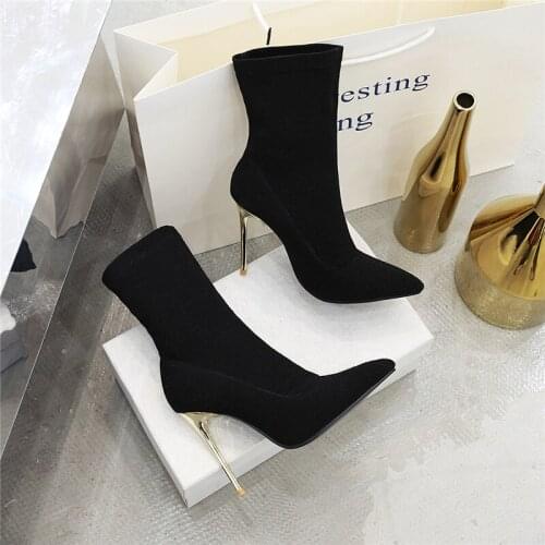 2020 Women Plus Size Stretch Sock Booties Ankle Boots 10cm High Heel Fetish Short Warm Plush Quality Stripper Silver black Shoes