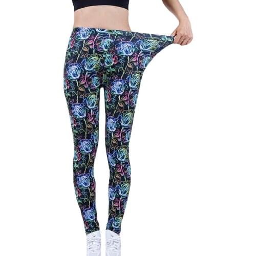 YSDNCHI Women Leggings Fashion Black Fluorescence Rose Print Leggins Fitness Activewear Workout Leggin Spandex High Elastic