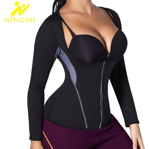 NINGMI Women Sport Yaga Top Waist Trainer Weight Loss Hot Vest Sauna Suit Body Shaper Jacket Corset with Zipe Shapewear Shirt