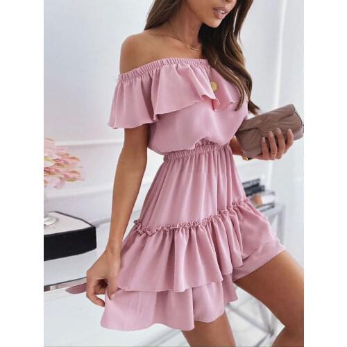 Casual Fashion Pink Slash Neck Mini Dress Women 2021 Summer Sexy Off-shoulder Ruffle Stitching Dress Woman Elegant Party Dresses