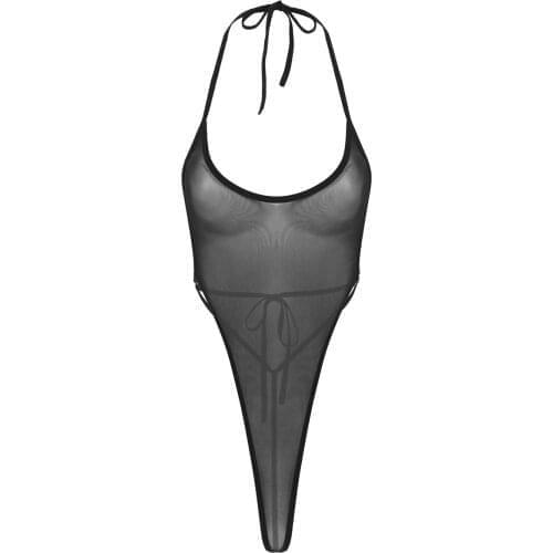 Women Sexy Bodysuit Exotic Costume See Through Sheer Mesh Lingerie Halter Neck Strappy Backless High Cut Thong Leotard Nightwear