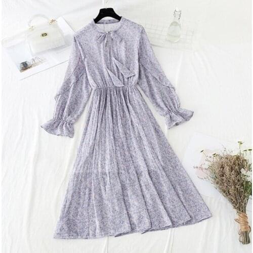 2021 Spring Women Floral Print Chiffon Dress Elastic Waist Elegant Party Midi Vestidos Femme Casual Long Sleeve Women Dress