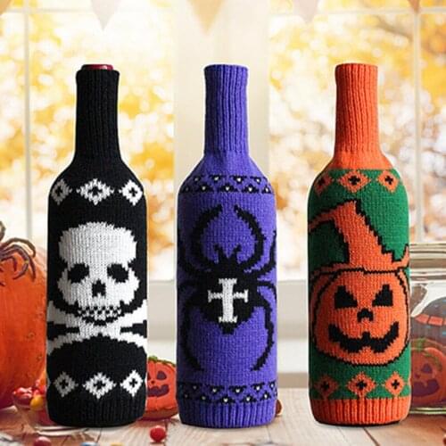 2021 Halloween Wine Bottle Cover Spider Pumpkin Knitted Champagne Bottle Bag Table Decor Happy Halloween Party Decor For Home