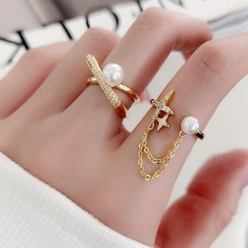 2021 New Arrival 14K Gold Plated Star Tassel Pearl Adjustable Rings For Women Zircon Wedding Rings